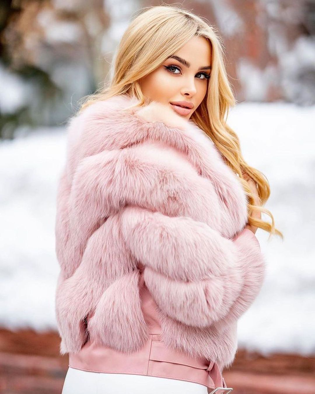 Trendy Fox Fur Genuine Leather Jacket in pink