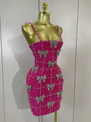 Hot Pink Pearl & Crystal Bow Mini Dress