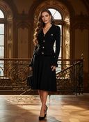 Ruffle Pleated V-Neck Knitted Long Sleeve Dress with Buttons