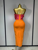Orange & Pink 3D Rose Bandage Midi Dress