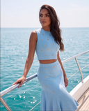 Sky Blue Knit Top & Ruffle Midi Skirt Set with Gold Crystal Rings