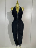 Black Crystal Detail Halter Midi Dress