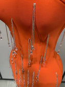 Orange Crystal Fringe Bandage Midi Dress