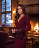 Burgundy Rib-Knit Peplum Cardigan & Pleated Maxi Skirt Set with Jewel Buttons