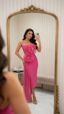 Hot Pink Bandage Midi Dress with Chiffon Floral Details
