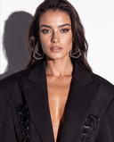 Black Oversized Corset Lace-Up Blazer with Peak Lapels