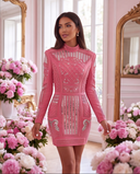 Pink Pearl & Silver Sequin Embellished Long-Sleeve Mini Dress