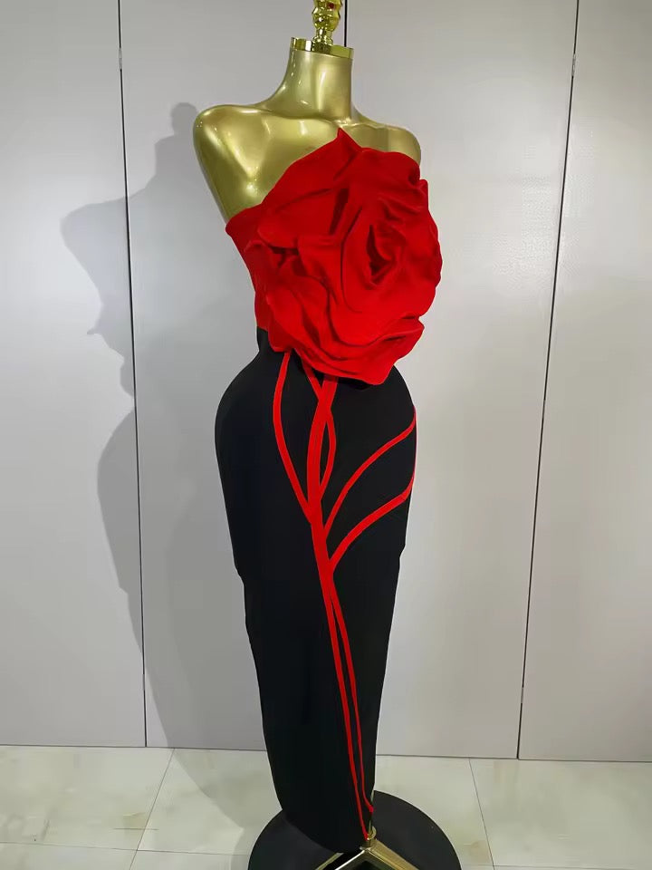Crimson Bloom Strapless Midi Dress