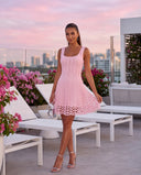 Baby Pink Crochet-Knit Fit & Flare Mini Dress with Crystal Studs