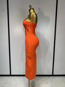Orange Crystal Fringe Bandage Midi Dress