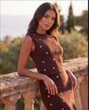 Chocolate Brown Knit Top & Ruffle Midi Skirt Set with Gold Crystal Rings
