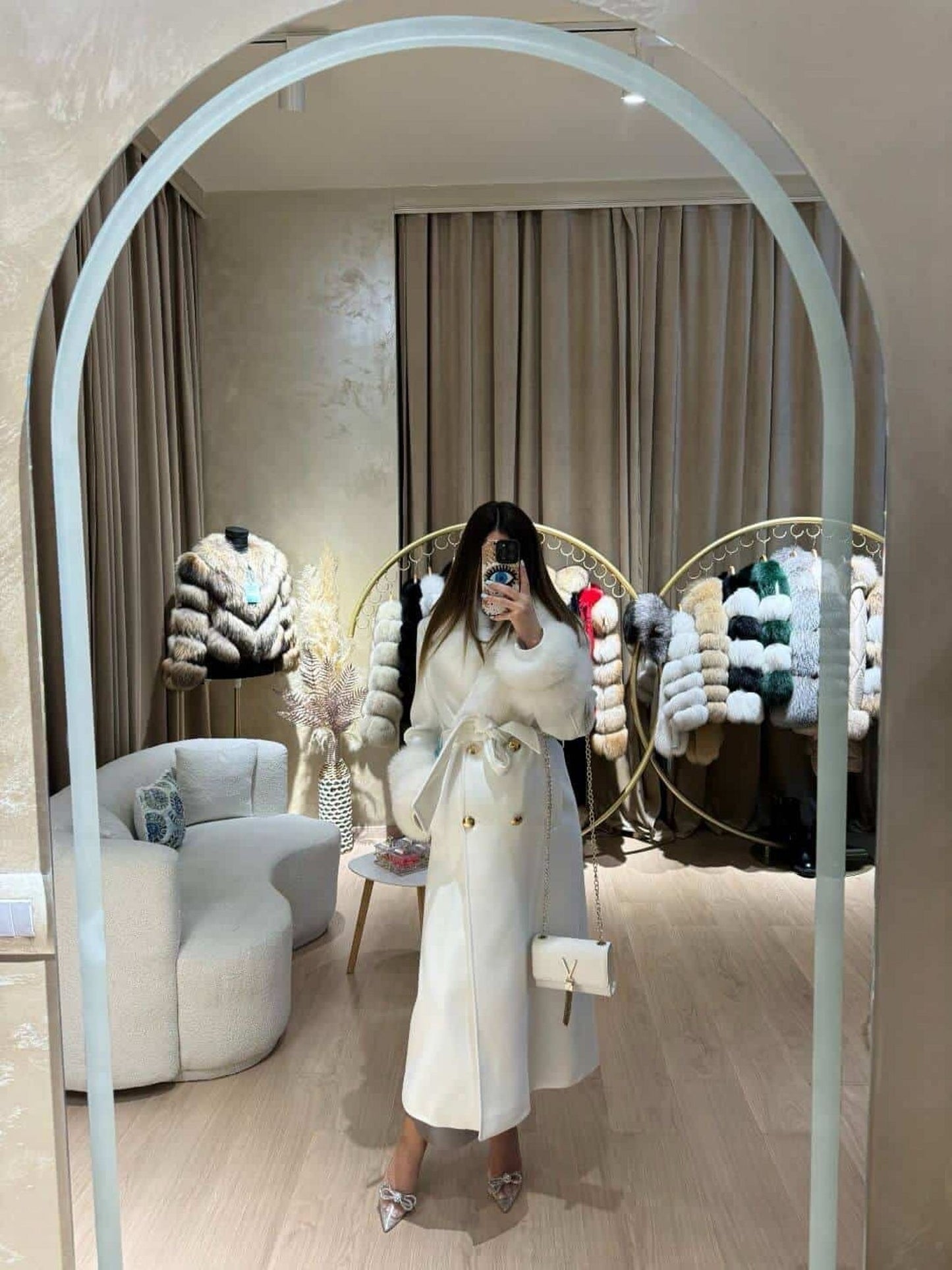 Real Fox Fur Cashmere Coat in white