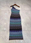 One Shoulder Chevron Knit Maxi Dress – Midnight Multi Blue