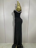 Crystal Embellished Off-Shoulder Maxi Dress – Black