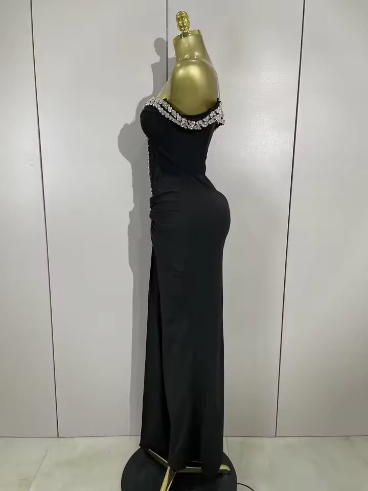 Crystal Embellished Off-Shoulder Maxi Dress – Black