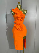 Orange One Shoulder Ruffle Bandage Dress