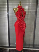 Red Floral Appliqué Midi Dress