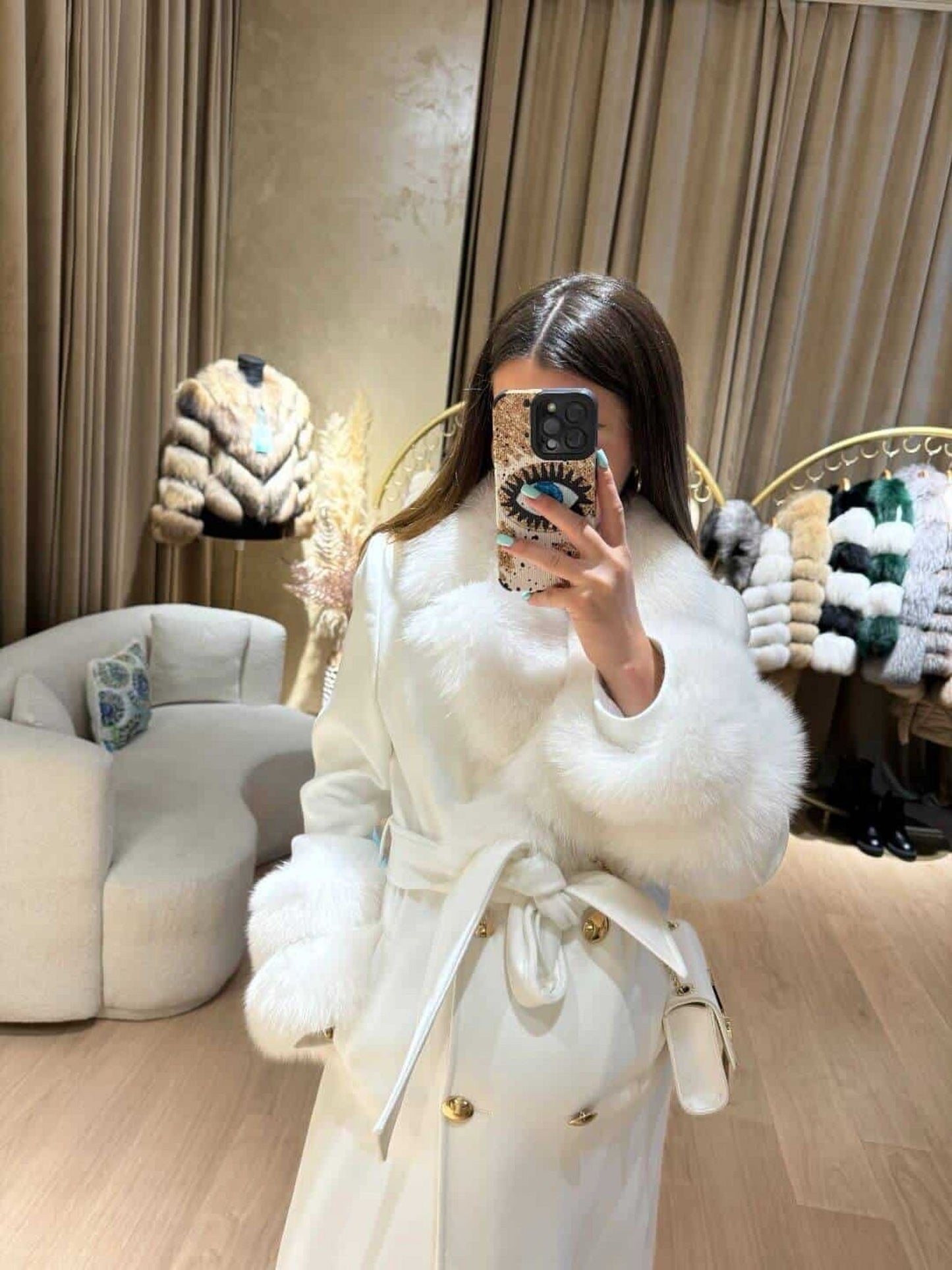 Real Fox Fur Cashmere Coat in white