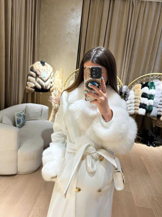 Real Fox Fur Cashmere Coat in white