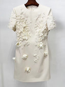 Ivory 3D Floral Appliqué Short-Sleeve Mini Dress with Crystal Drops