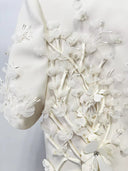 Ivory 3D Floral Appliqué Short-Sleeve Mini Dress with Crystal Drops