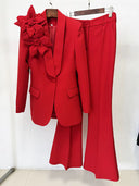Red 3D Flower Appliqué Blazer & Flared Trousers Set