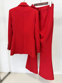 Red 3D Flower Appliqué Blazer & Flared Trousers Set