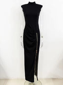 Black Mock-Neck Draped Maxi Dress with Gold Zip Slit