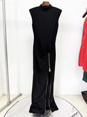Black Mock-Neck Draped Maxi Dress with Gold Zip Slit