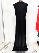 Black Mock-Neck Draped Maxi Dress with Gold Zip Slit