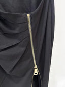 Black Mock-Neck Draped Maxi Dress with Gold Zip Slit