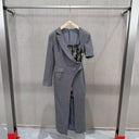 Grey Asymmetric Blazer Maxi Dress with Lace Corset Inset