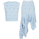 Sky Blue Knit Top & Ruffle Midi Skirt Set with Gold Crystal Rings
