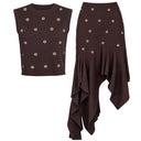 Chocolate Brown Knit Top & Ruffle Midi Skirt Set with Gold Crystal Rings