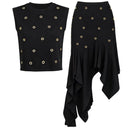 Black Knit Top & Ruffle Midi Skirt Set with Gold Crystal Rings