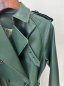 Forest Green Faux Leather Belted Trench Coat