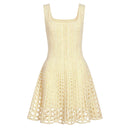 Butter Yellow Crochet-Knit Fit & Flare Mini Dress with Crystal Studs