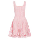 Baby Pink Crochet-Knit Fit & Flare Mini Dress with Crystal Studs
