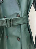 Forest Green Faux Leather Belted Trench Coat