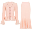 Blush Peach Rib-Knit Peplum Cardigan & Pleated Maxi Skirt Set with Jewel Buttons