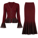 Burgundy Rib-Knit Peplum Cardigan & Pleated Maxi Skirt Set with Jewel Buttons