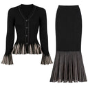 Black Rib-Knit Peplum Cardigan & Pleated Maxi Skirt Set with Jewel Buttons