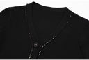 Black Rib-Knit Peplum Cardigan & Pleated Maxi Skirt Set with Jewel Buttons