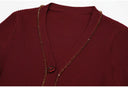 Burgundy Rib-Knit Peplum Cardigan & Pleated Maxi Skirt Set with Jewel Buttons
