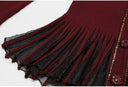 Burgundy Rib-Knit Peplum Cardigan & Pleated Maxi Skirt Set with Jewel Buttons