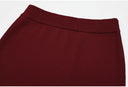 Burgundy Rib-Knit Peplum Cardigan & Pleated Maxi Skirt Set with Jewel Buttons