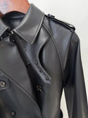 Black Faux Leather Belted Trench Coat