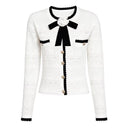 Pointelle Knit Cardigan with Contrast Trim, Bow & Flower Brooch