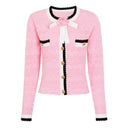 Pointelle Knit Cardigan with Contrast Trim, Bow & Flower Brooch