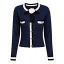 Pointelle Knit Cardigan with Contrast Trim, Bow & Flower Brooch